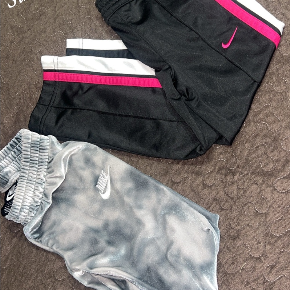 Nike Kids' Black and Gray Joggers with Pink Accents